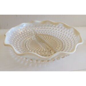 Vintage Fenton Glass Divided Hobnail Serving Dish scalloped frosted edges 7 3/4"